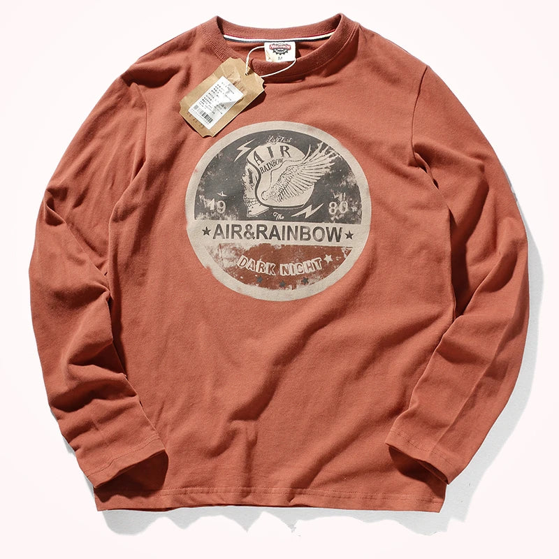 Men's Long Sleeve T-Shirt Spring and Autumn Pure Cotton Washed Distressed Brushed Trendy Tops