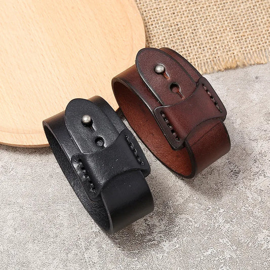ZORCVENS Vintage Irregular Genuine Leather Bracelet - Unisex Wide Brown Cuff Wrap Punk Wristband