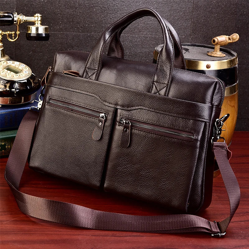 Men's Genuine Leather Laptop Briefcase Bag 100% Real Cowskin Leather Computer Bag Handbags Man Male Tote Bags for Layer Doctor