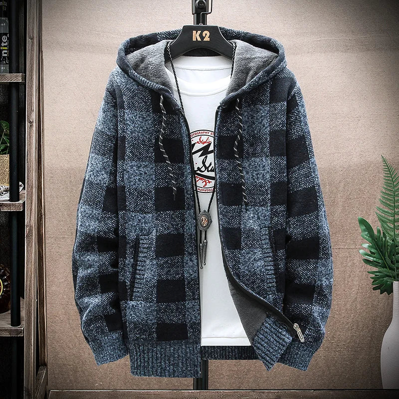 Men's Plaid Hooded Cardigan Sweater Jacket