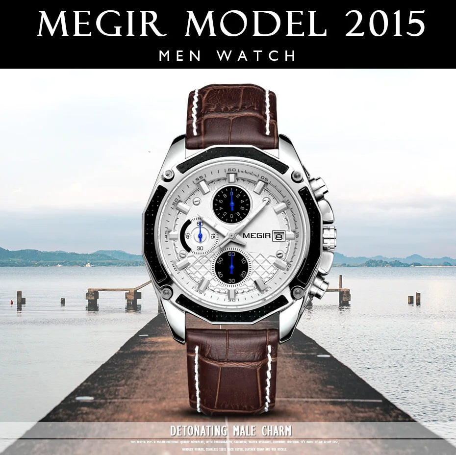 MEGIR 2015 Fashion Gentlemen Quartz Movement Watch Manufacturer Genuine Leather Water Resistant Man Wristwatch Business Watch