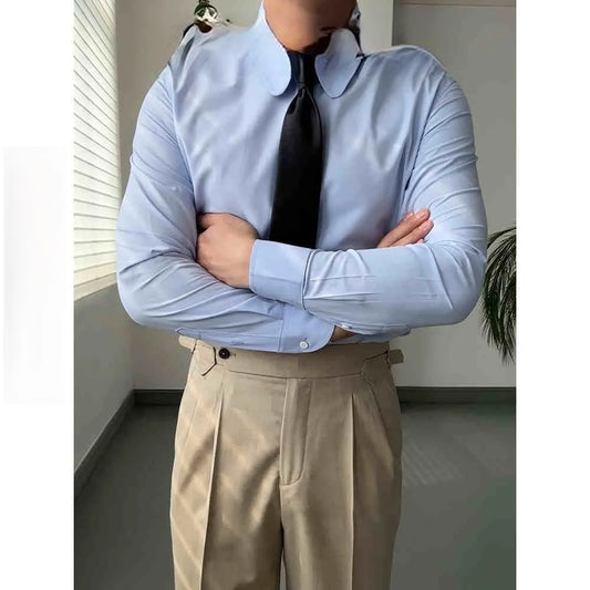 Men's Elegant Blue Long Sleeve Shirt Retro-Styled Fashionable Formal Rounded Collar Summer Business Dress Four Thousand