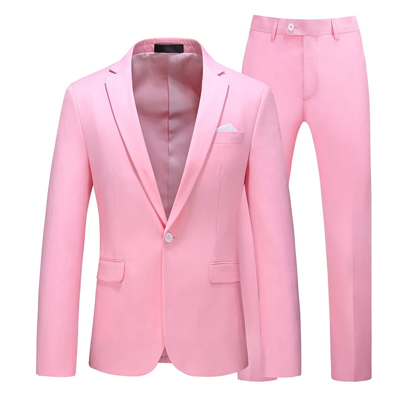 Men's Suit Jacket with Pants Slim Fit Formal Clothing Business Work Wedding Tuxedo Set - White Pink Red Suits