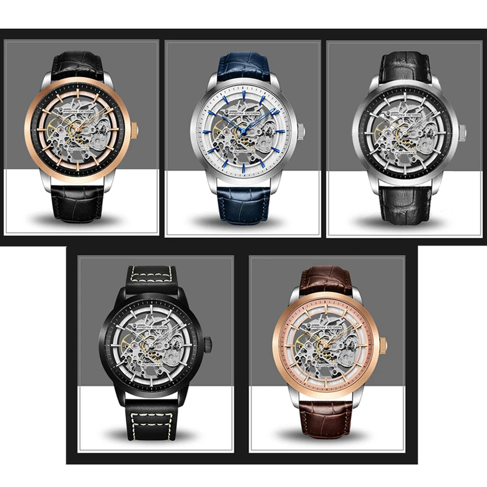 Pagani Design 1638 Mens Mechanical Watch Genuine Leather Strap Waterproof Skeleton Luxury Watch Relojes Hombre
