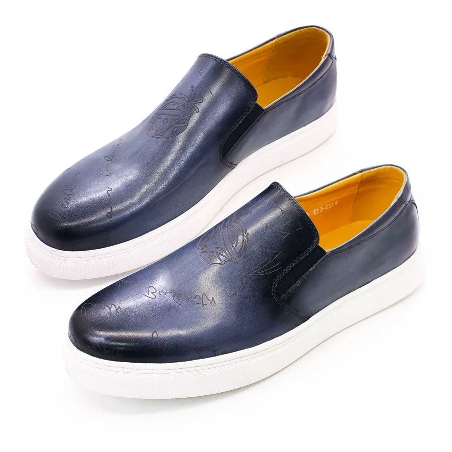 2022 New Trendy Handmade Italian Men Slip on Casual Dress Shoes Genuine Leather Laser Print Pattern Flat Comfortable Shoes