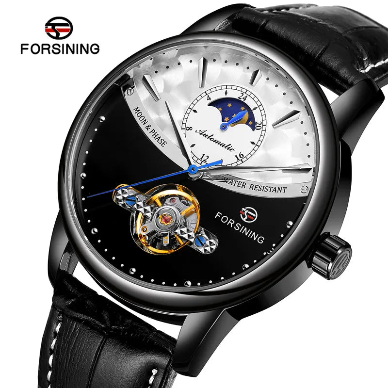 Forsining 8179 Classic Blue Moon Phase Mechanical Watches Automatic Tourbillon Men's Genuine Leather Watch Relogio Masculino