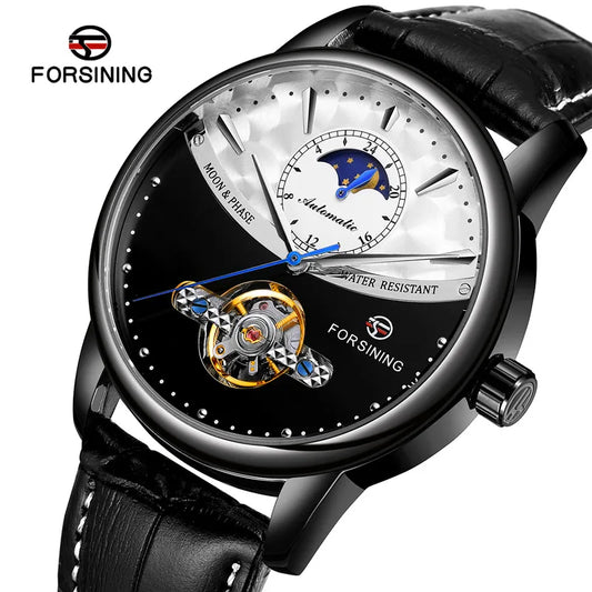 Forsining 8179 Classic Blue Moon Phase Mechanical Watches Automatic Tourbillon Men's Genuine Leather Watch Relogio Masculino