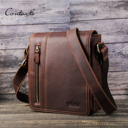 CONTACT'S Vintage Genuine Leather Messenger Bag for Men Flap Design Shoulder Bag Crossbody Satchel for 7.9 Inch iPad Daily Work