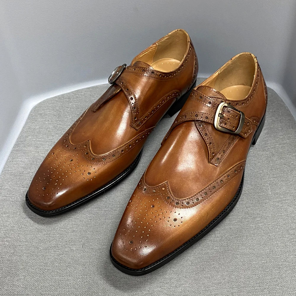 High Quality Handmade Monk Strap Genuine Leather Shoes for Men Block Carved Cowhide Men Dress Shoes Loafer Men Formal Shoes