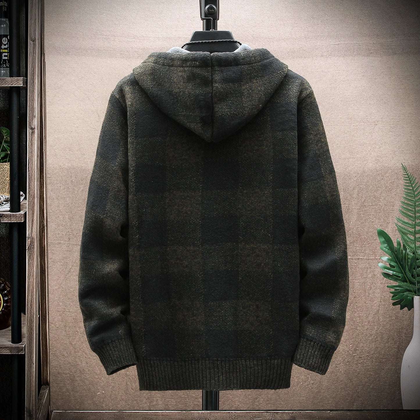 Men's Plaid Hooded Cardigan Sweater Jacket