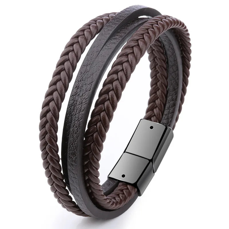 Trendy Genuine Leather Bracelets Men Stainless Steel Multilayer Braided Rope Bracelets for Male Female Bracelets Jewelry for Man