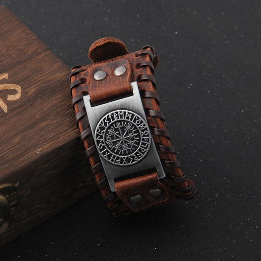 NONECN Charm Wide Leather Bracelet For Men Punk Braided Rope Alloy Cuff Bangle Viking Jewelry - Durable Zinc Alloy Cuff