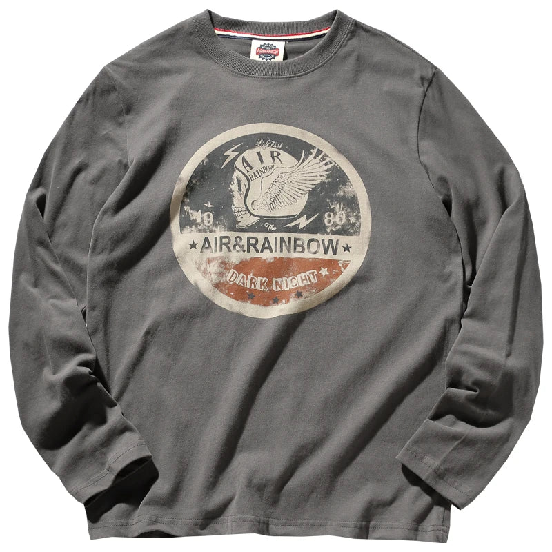 Men's Long Sleeve T-Shirt Spring and Autumn Pure Cotton Washed Distressed Brushed Trendy Tops