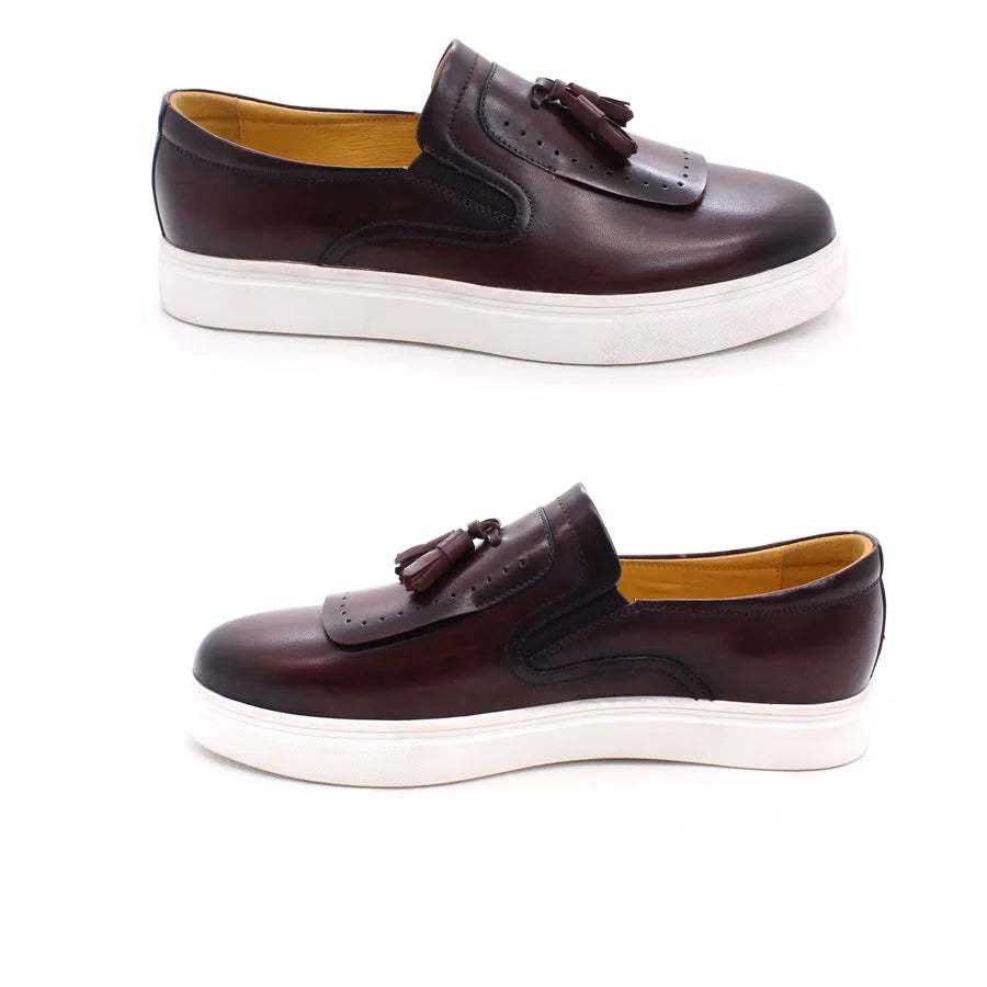 Premium Quality Handmade Skateboard Italian Style Men Sports Genuine Leather Shoes Slip on Sneakers Casual Shoes with Tassels