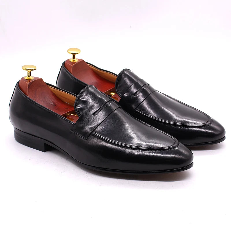 2025 Men's Genuine Leather Dress Shoes Black and Brown Loafer Slip-On with Pointed Toe Casual Formal Style for Holiday Party