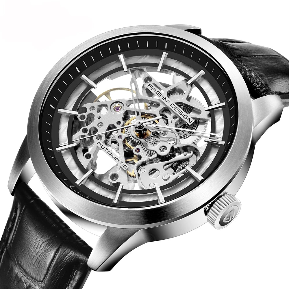 Pagani Design 1638 Mens Mechanical Watch Genuine Leather Strap Waterproof Skeleton Luxury Watch Relojes Hombre