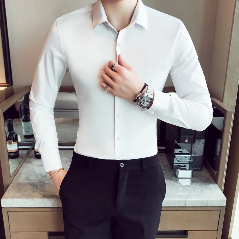 2026 New Men's Formal Dress Shirt,White Black Blue Long Sleeve Shirts, Business Slim Fit Camisa Male Chemise Red Purple