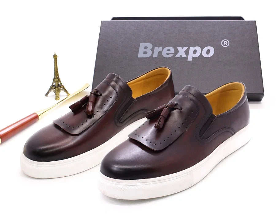 Premium Quality Handmade Skateboard Italian Style Men Sports Genuine Leather Shoes Slip on Sneakers Casual Shoes with Tassels