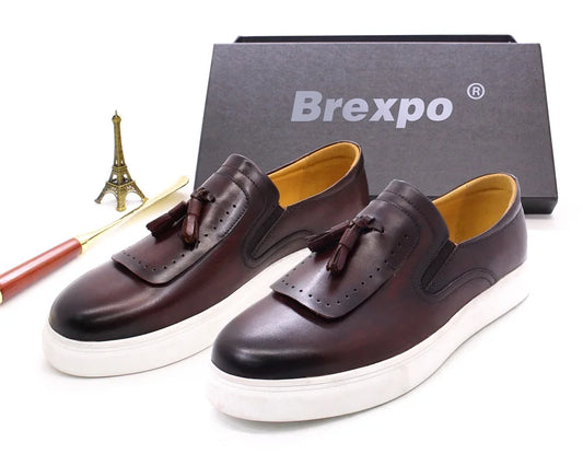 Premium Quality Handmade Skateboard Italian Style Men Sports Genuine Leather Shoes Slip on Sneakers Casual Shoes with Tassels