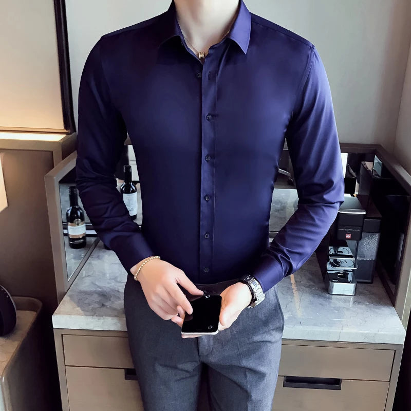 2026 New Men's Formal Dress Shirt,White Black Blue Long Sleeve Shirts, Business Slim Fit Camisa Male Chemise Red Purple