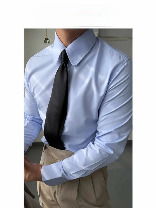 Men's Elegant Blue Long Sleeve Shirt Retro-Styled Fashionable Formal Rounded Collar Summer Business Dress Four Thousand