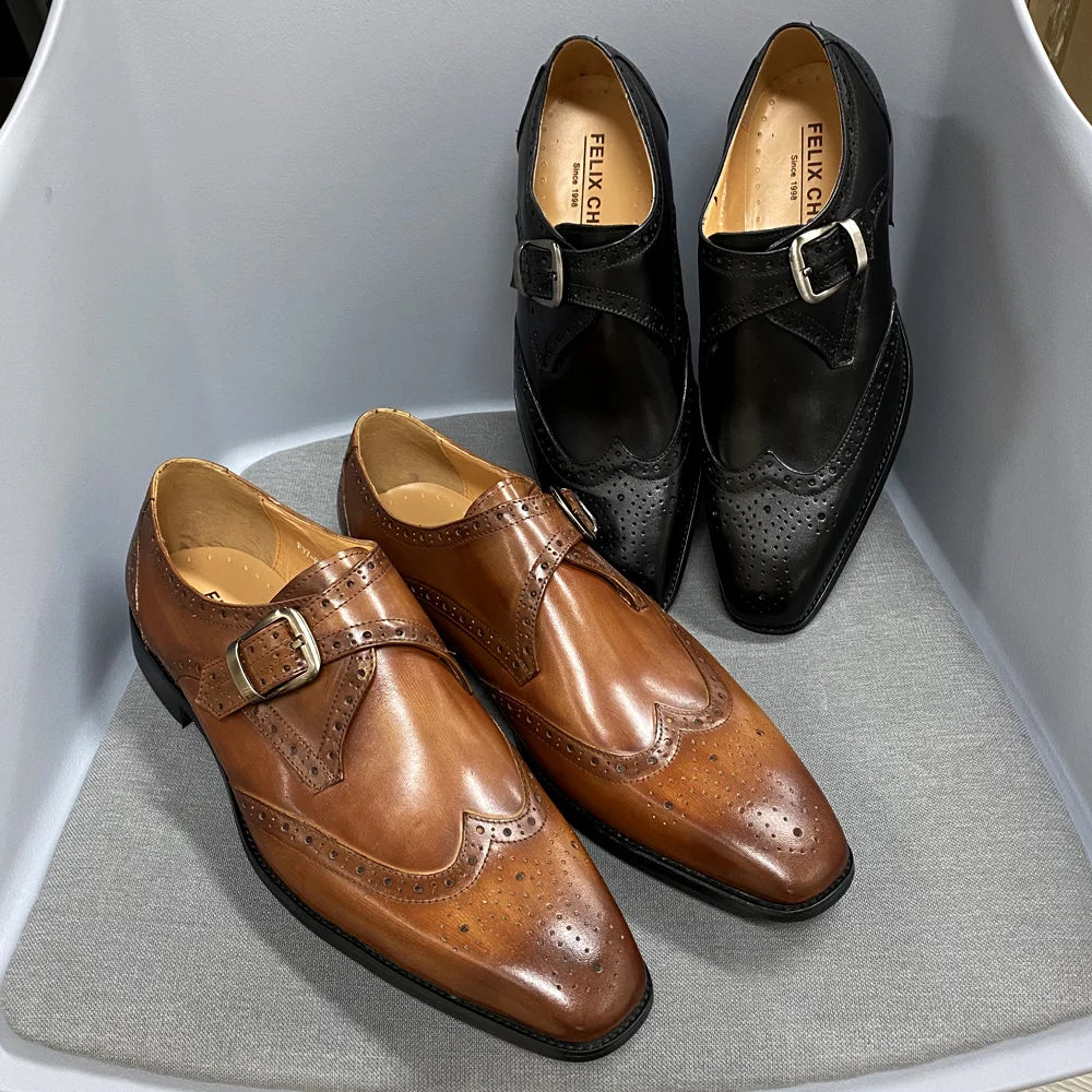 High Quality Handmade Monk Strap Genuine Leather Shoes for Men Block Carved Cowhide Men Dress Shoes Loafer Men Formal Shoes