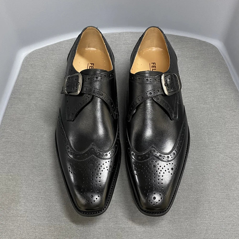 High Quality Handmade Monk Strap Genuine Leather Shoes for Men Block Carved Cowhide Men Dress Shoes Loafer Men Formal Shoes