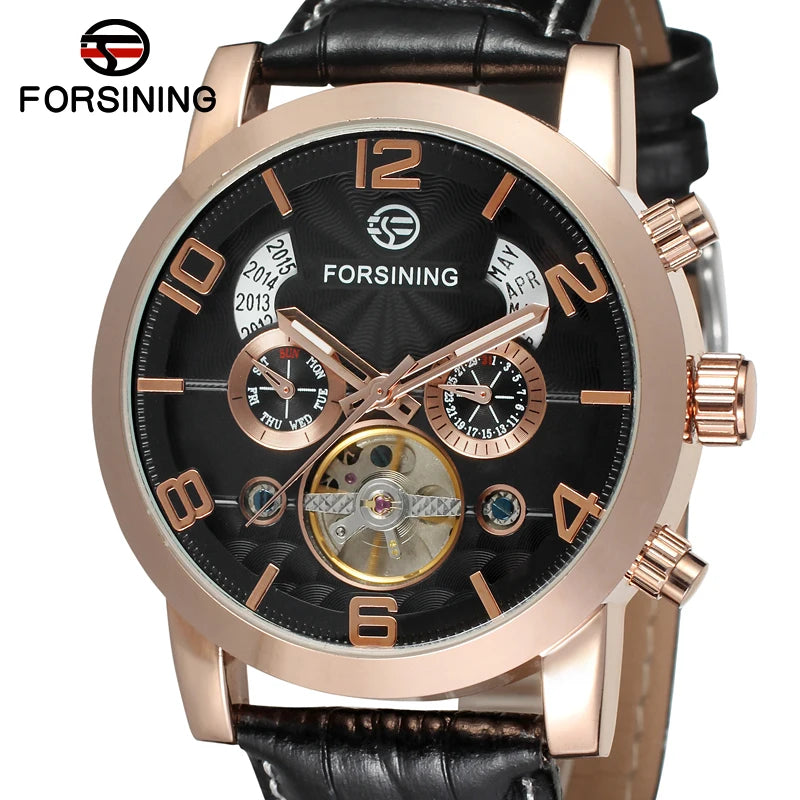FORSINING 165 Friendship New Mens Mechanical Watch Best Genuine Leather Band Big Numbers Date Display Tourbillion Auto Watch