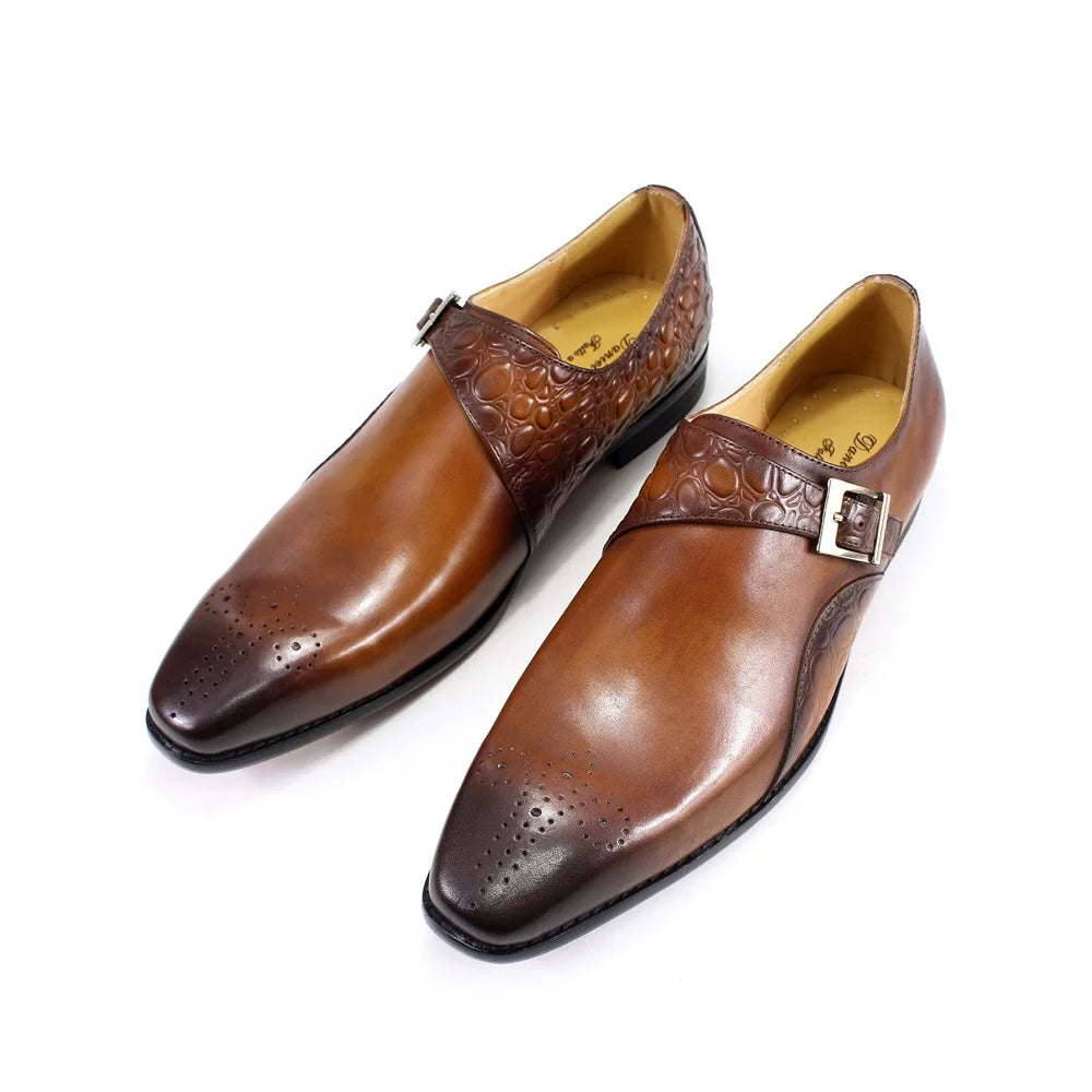2025Handmade High Quality Genuine Leather Monk Strap Shoes for Men Block Carved Cowhide Men Dress Shoes Oxfords Men Formal Shoes