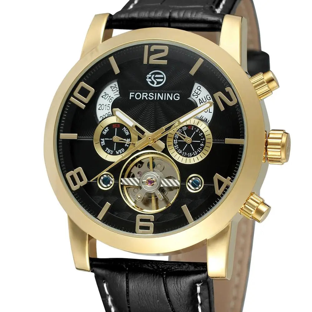FORSINING 165 Friendship New Mens Mechanical Watch Best Genuine Leather Band Big Numbers Date Display Tourbillion Auto Watch