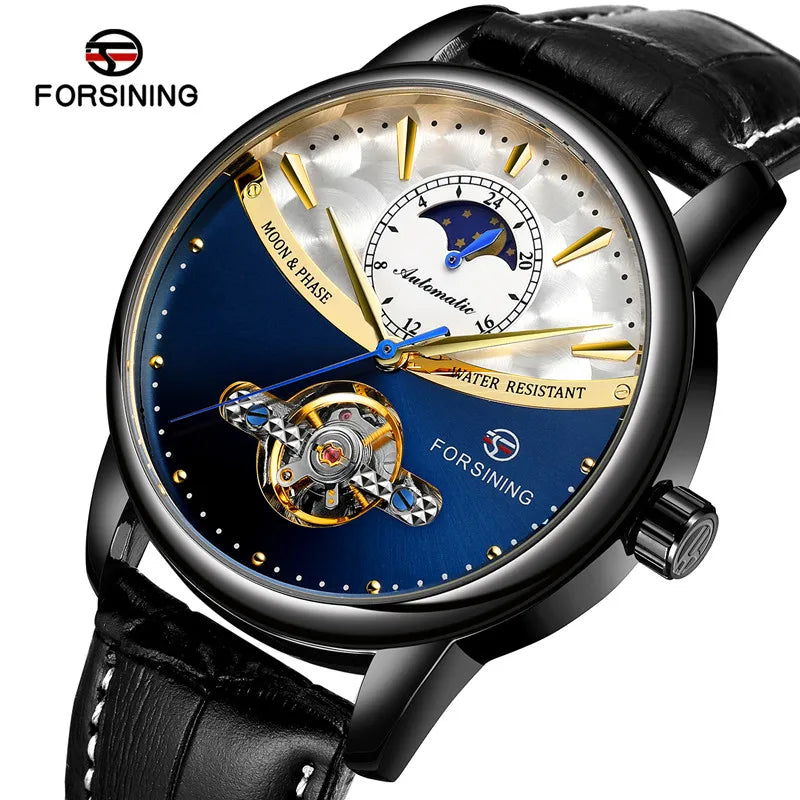 Forsining 8179 Classic Blue Moon Phase Mechanical Watches Automatic Tourbillon Men's Genuine Leather Watch Relogio Masculino