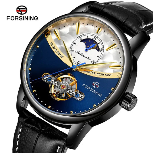 Forsining 8179 Classic Blue Moon Phase Mechanical Watches Automatic Tourbillon Men's Genuine Leather Watch Relogio Masculino
