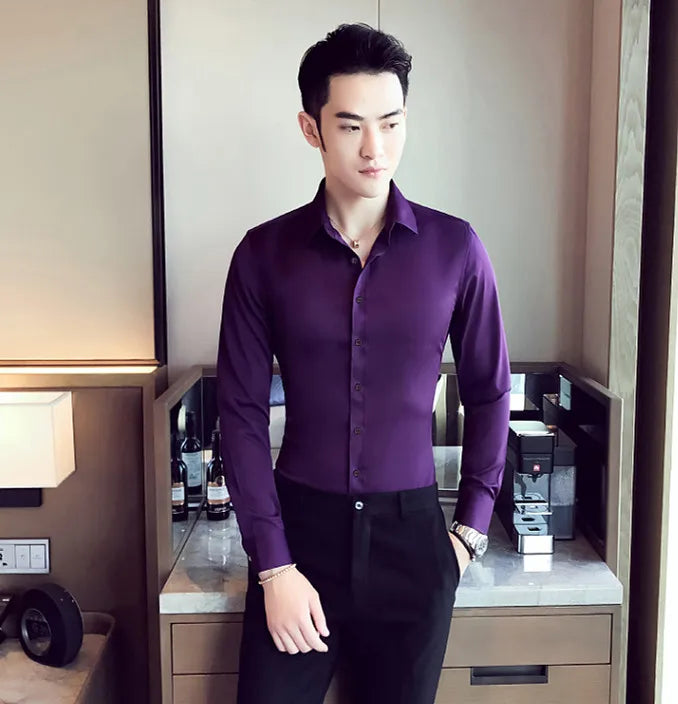 2026 New Men's Formal Dress Shirt,White Black Blue Long Sleeve Shirts, Business Slim Fit Camisa Male Chemise Red Purple