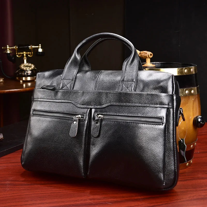 Men's Genuine Leather Laptop Briefcase Bag 100% Real Cowskin Leather Computer Bag Handbags Man Male Tote Bags for Layer Doctor