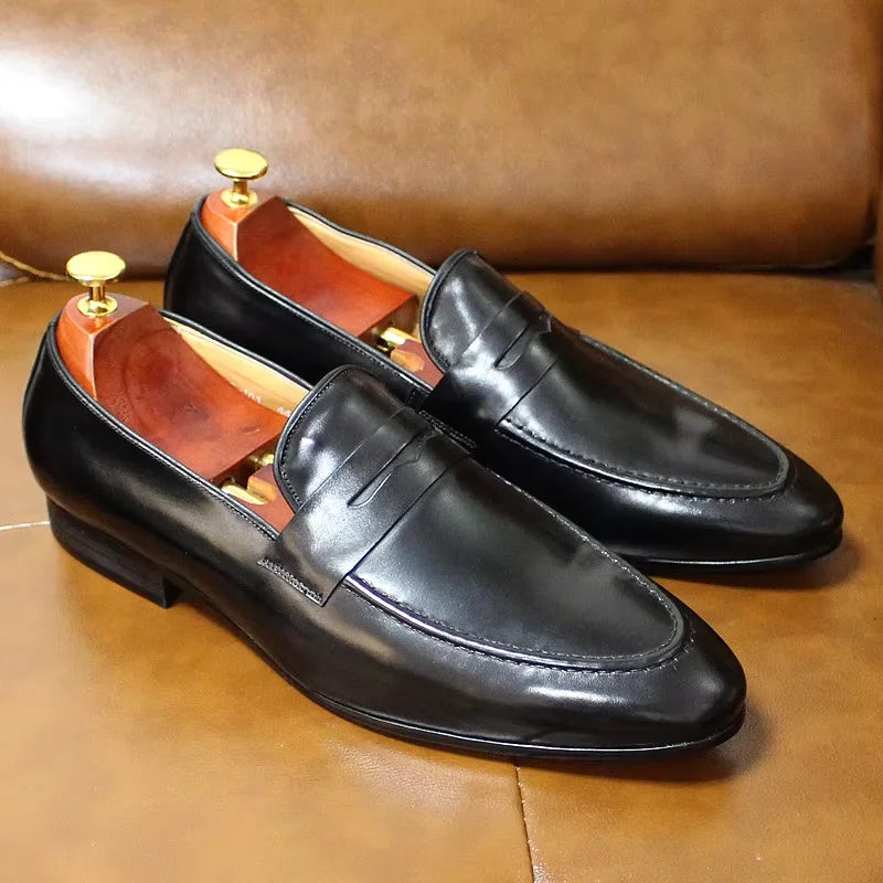 2025 Men's Genuine Leather Dress Shoes Black and Brown Loafer Slip-On with Pointed Toe Casual Formal Style for Holiday Party