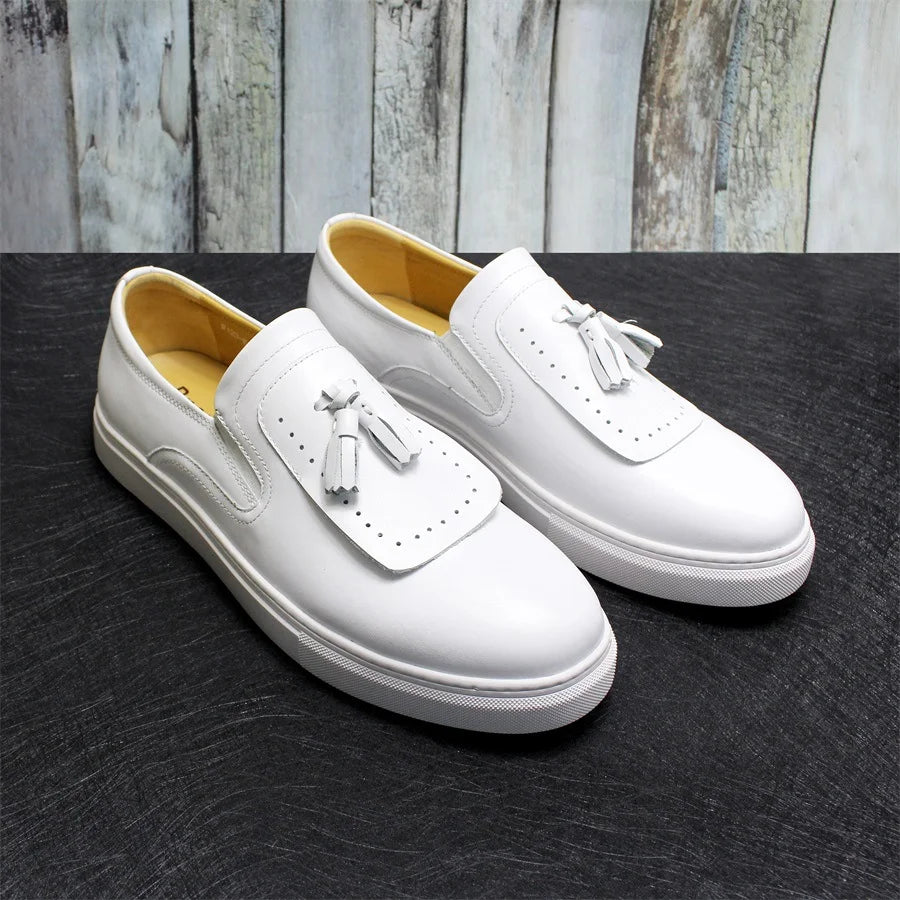 Premium Quality Handmade Skateboard Italian Style Men Sports Genuine Leather Shoes Slip on Sneakers Casual Shoes with Tassels