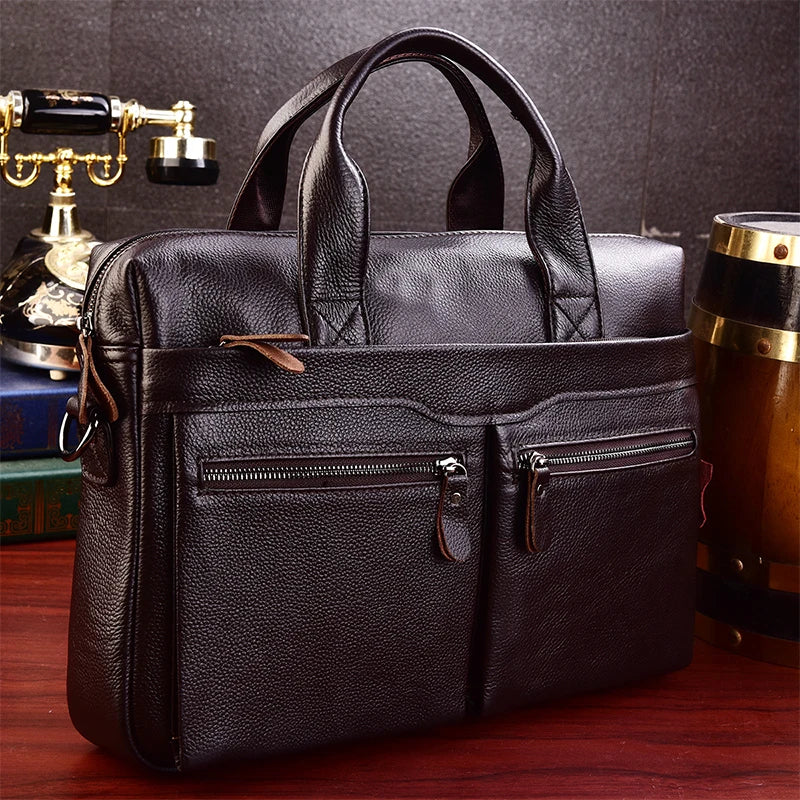 Men's Genuine Leather Laptop Briefcase Bag 100% Real Cowskin Leather Computer Bag Handbags Man Male Tote Bags for Layer Doctor