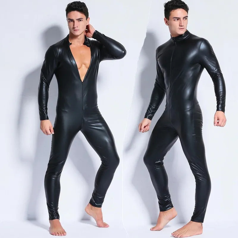 Men's Faux Leather Bodysuit - Long Sleeve Spandex Catsuit