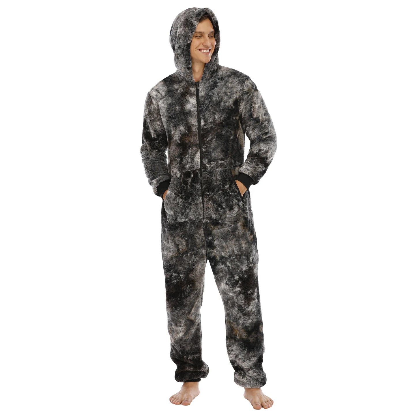 Men's Hooded Flannel Onesie Pajama - Full Zip Sleepwear Jumpsuit