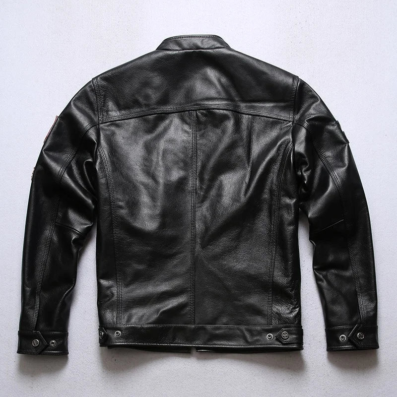 Wholesale Fashion Personalized 100% Pure Cowhide Coat Mens Black Colour Motorcycle Genuine Leather Jacket