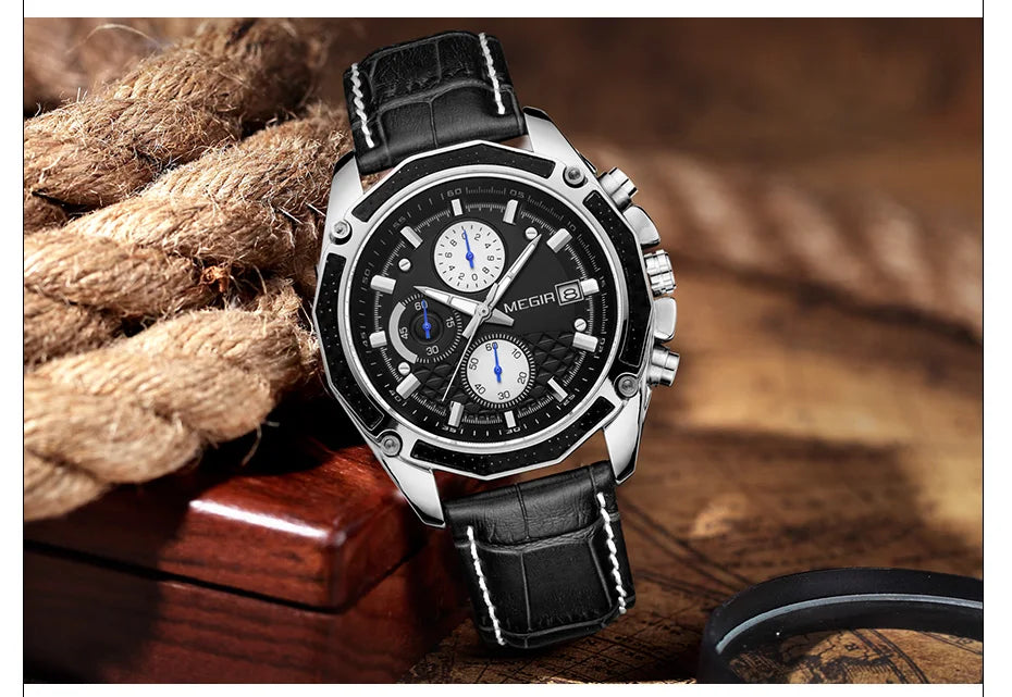 MEGIR 2015 Fashion Gentlemen Quartz Movement Watch Manufacturer Genuine Leather Water Resistant Man Wristwatch Business Watch