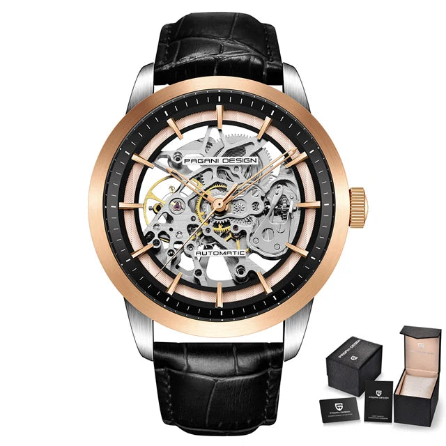 Pagani Design 1638 Mens Mechanical Watch Genuine Leather Strap Waterproof Skeleton Luxury Watch Relojes Hombre