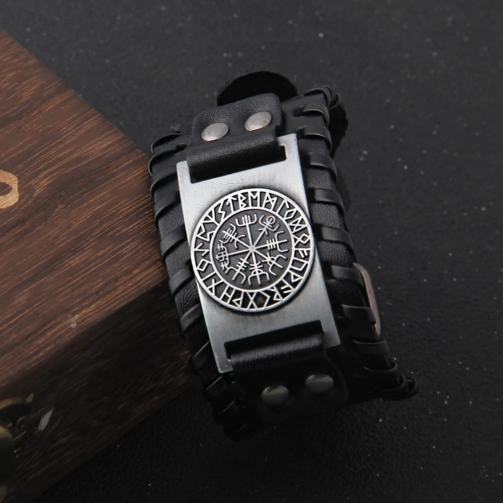NONECN Charm Wide Leather Bracelet For Men Punk Braided Rope Alloy Cuff Bangle Viking Jewelry - Durable Zinc Alloy Cuff