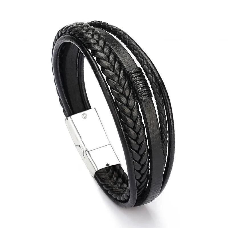 Trendy Genuine Leather Bracelets Men Stainless Steel Multilayer Braided Rope Bracelets for Male Female Bracelets Jewelry for Man
