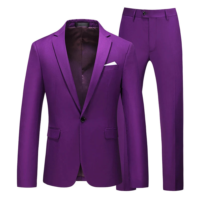 Men's Suit Jacket with Pants Slim Fit Formal Clothing Business Work Wedding Tuxedo Set - White Pink Red Suits