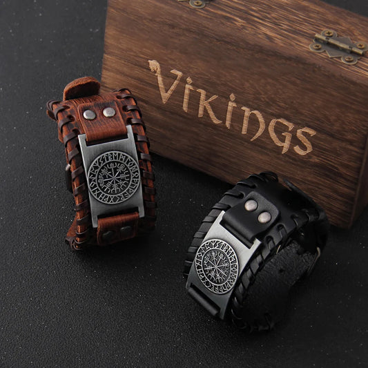 NONECN Charm Wide Leather Bracelet For Men Punk Braided Rope Alloy Cuff Bangle Viking Jewelry - Durable Zinc Alloy Cuff