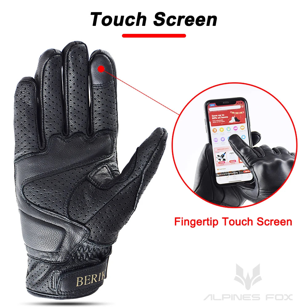 BERIK Vintage Motorcycle Gloves Men Black Full Finger Genuine Leather Motocross Biker Guantes Touch Screen Moto Cycling Gloves