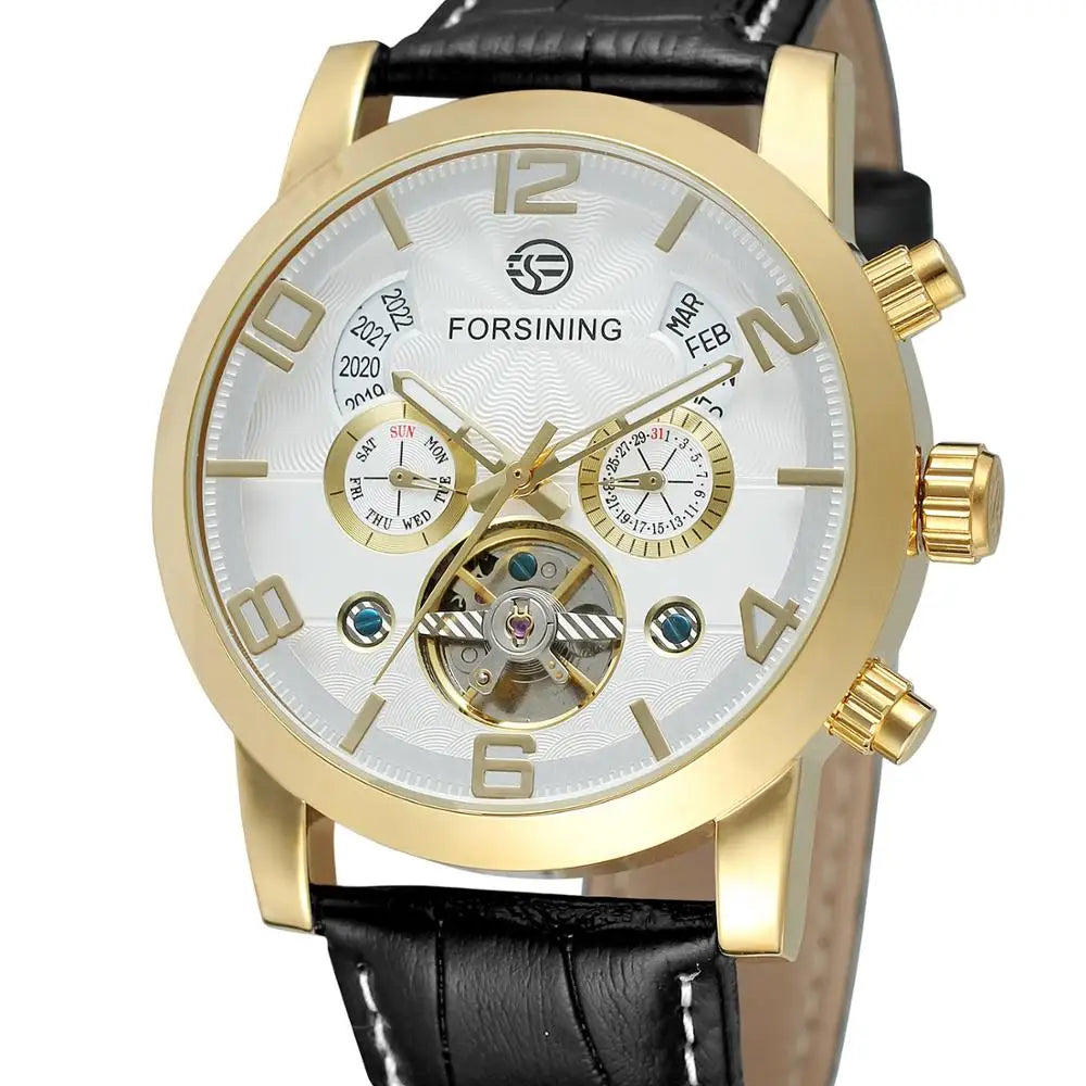 FORSINING 165 Friendship New Mens Mechanical Watch Best Genuine Leather Band Big Numbers Date Display Tourbillion Auto Watch