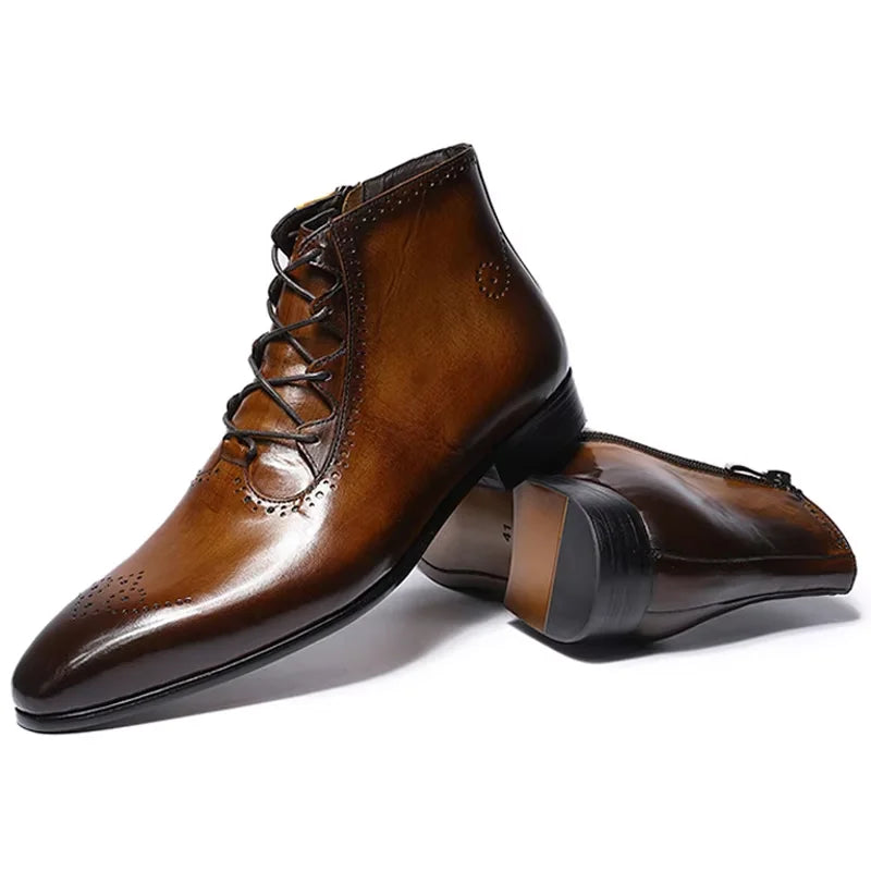 New Arrivals Fashion Men Cowhide Martin Ankle & Bootie Pointed Handmade Genuine Leather Boots Lace-up for Men Martin Boots