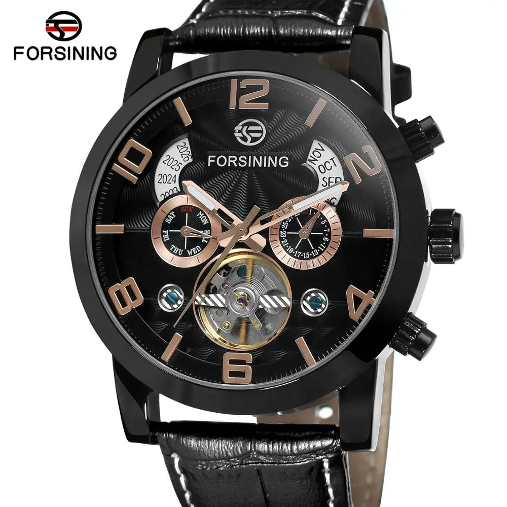 FORSINING 165 Friendship New Mens Mechanical Watch Best Genuine Leather Band Big Numbers Date Display Tourbillion Auto Watch